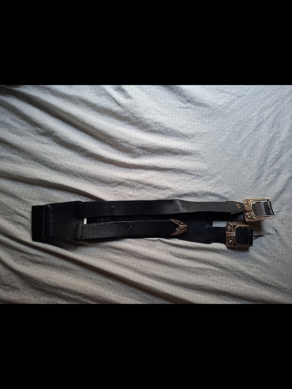 Black Leather Western-Style Women's Belt with Ornate Buckles